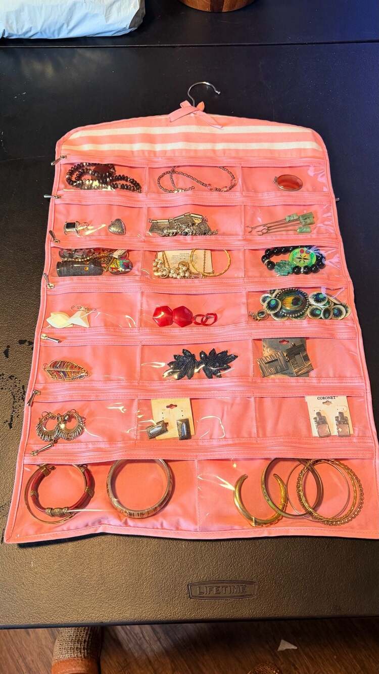 Large Hanging Jewelry Organizer with Assorted Costume & Vintage Jewelry